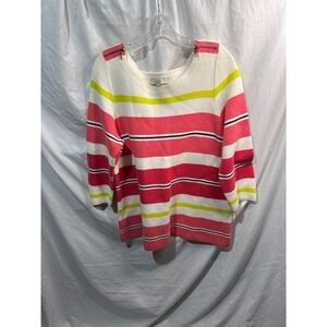 Loft Womens Striped Textured Knit Sweater Pink Yellow White Zipper Shoulder L